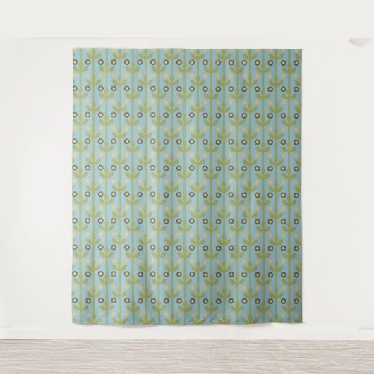 Retro Green en Blue Cute Folksy Floral Pattern Wandkleed (Voorkant)