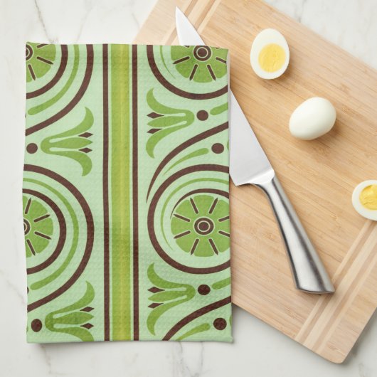Retro Green en Brown Floral Pattern Kitchen Towel Theedoek (Quarter Fold)