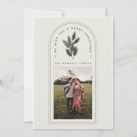 Retro Green en Cream Arch met Pine Branch Foto Feestdagenkaart (Voorkant)