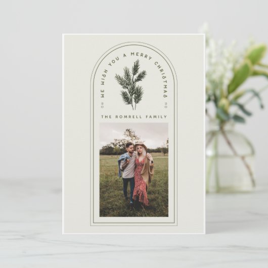 Retro Green en Cream Arch met Pine Branch Foto Feestdagenkaart (Staand voorkant)