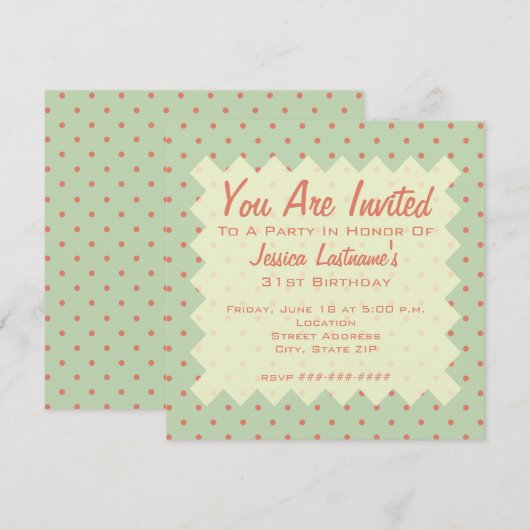 Retro Green en Melon Dot Invitation Kaart (Voorkant / Achterkant)
