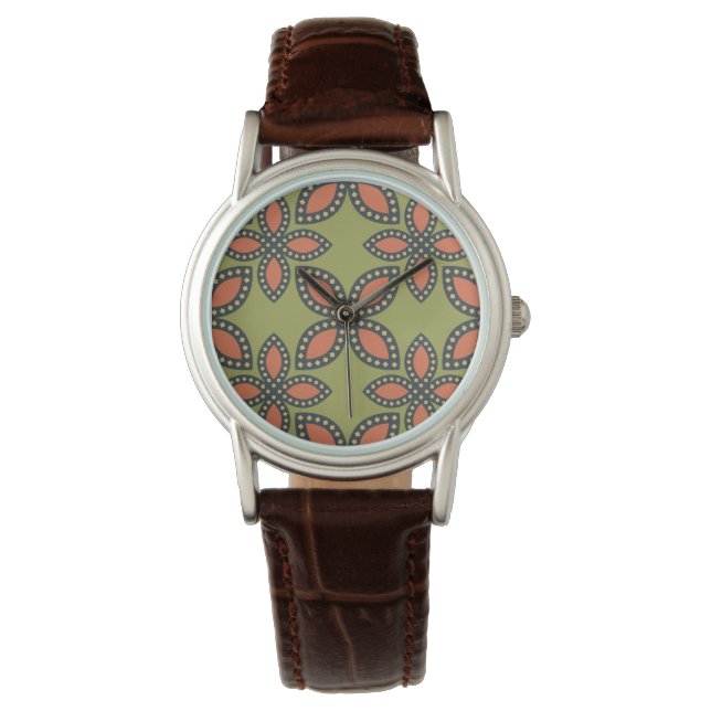 Retro Green en Oranje Abstract Floral Pattern Horloge (Voorkant)
