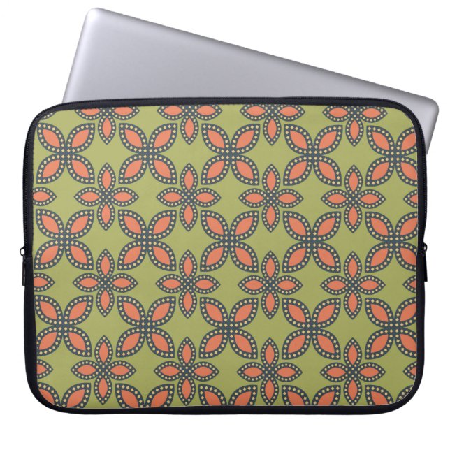 Retro Green en Oranje Abstract Floral Pattern Laptop Sleeve (Voorkant)