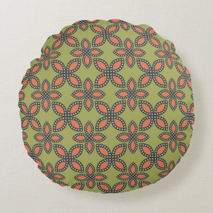 Retro Green en Oranje Abstract Floral Pattern Rond Kussen