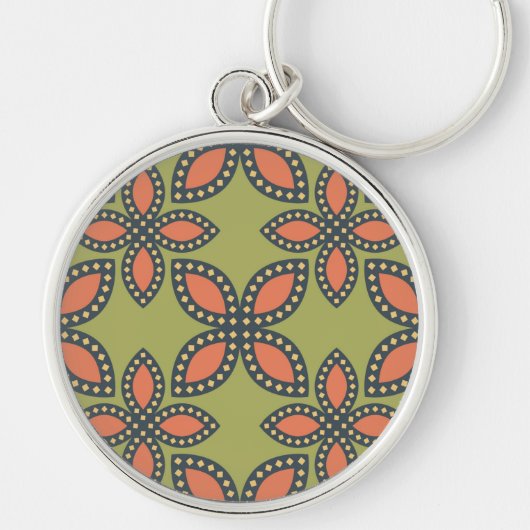 Retro Green en Oranje Abstract Floral Pattern Sleutelhanger (Voorkant)