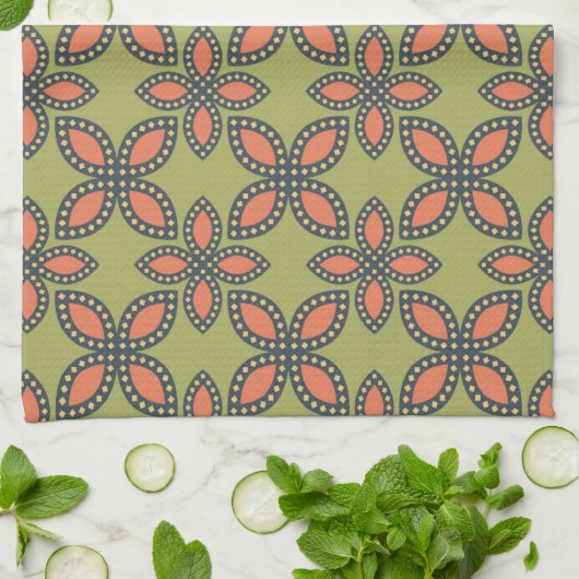 Retro Green en Oranje Abstract Floral Pattern Theedoek (Gevouwen)