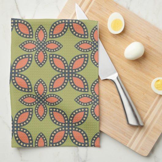 Retro Green en Oranje Abstract Floral Pattern Theedoek (Quarter Fold)