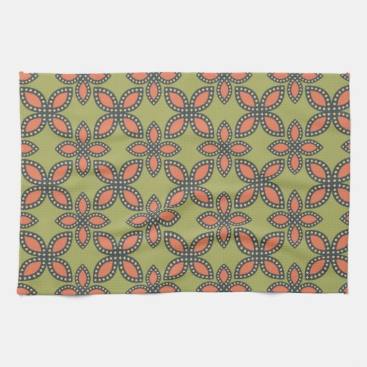 Retro Green en Oranje Abstract Floral Pattern Theedoek (Horizontaal)