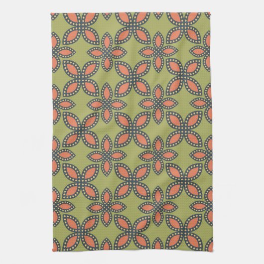 Retro Green en Oranje Abstract Floral Pattern Theedoek (Verticaal)