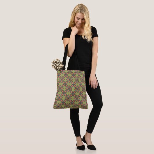 Retro Green en Oranje Abstract Floral Pattern Tote Bag (Op model)
