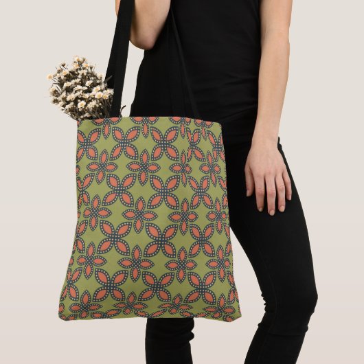 Retro Green en Oranje Abstract Floral Pattern Tote Bag (Dichtbij)