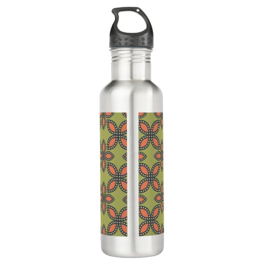 Retro Green en Oranje Abstract Floral Pattern Waterfles (Achterkant)