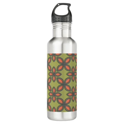 Retro Green en Oranje Abstract Floral Pattern Waterfles (Voorkant)