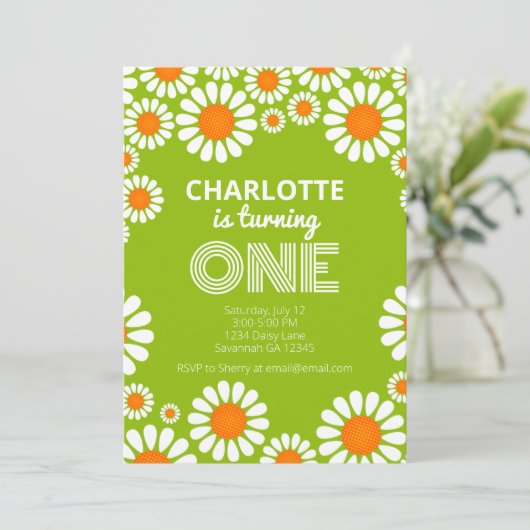 Retro Green en Sinaasappel Daisy First Birthday Kaart (Staand voorkant)