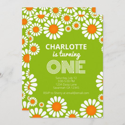 Retro Green en Sinaasappel Daisy First Birthday Kaart (Voorkant / Achterkant)