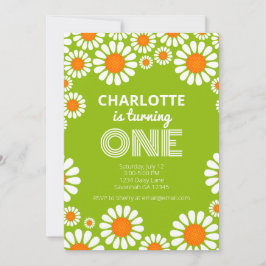 Retro Green en Sinaasappel Daisy First Birthday Kaart