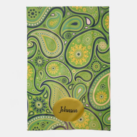 Retro Green en Yellow Paisley Design Theedoek (Verticaal)