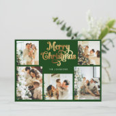 Retro Green Faux Gold Vrolijk Kerstfeest Familiefo Feestdagenkaart (Staand voorkant)
