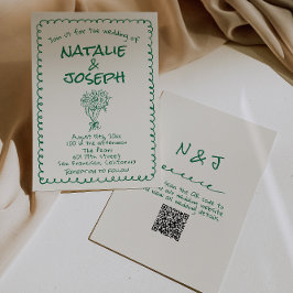 Retro Green Hand Drawn Quirky QR Code Wedding Kaart