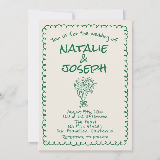 Retro Green Hand Drawn Quirky QR Code Wedding Kaart (Voorkant)