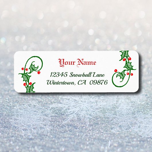 Retro Green Holly en Red Berries Editable Addres Etiket