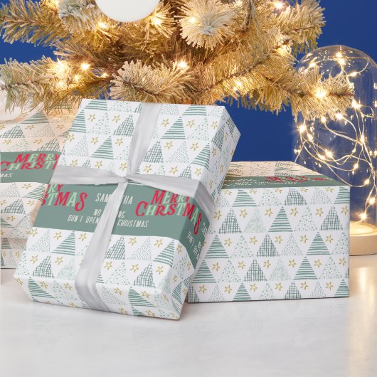 Retro Green Hygge Vrolijke Kerstbomen Naam Cadeaupapier (Feestdagen)