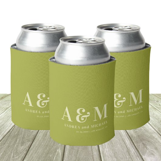 Retro Green & Ivory Monogram Wedding Can Cooler