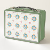 Retro green lunchbox with a floral tile pattern  (Voorkant)