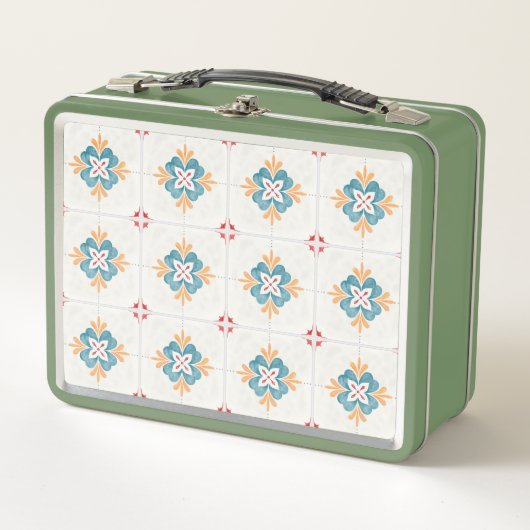 Retro green lunchbox with a floral tile pattern  (Voorkant)
