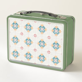 Retro green lunchbox with a floral tile pattern 