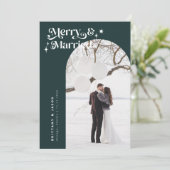 Retro Green Merry & Married Photo Holiday Feestdagenkaart (Staand voorkant)