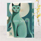 Retro Green Mid Century Cat Happy Birthday Kaart (Gele Bloem)
