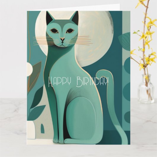 Retro Green Mid Century Cat Happy Birthday Kaart (Gele Bloem)