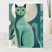 Retro Green Mid Century Cat Happy Birthday Kaart (Voorkant)
