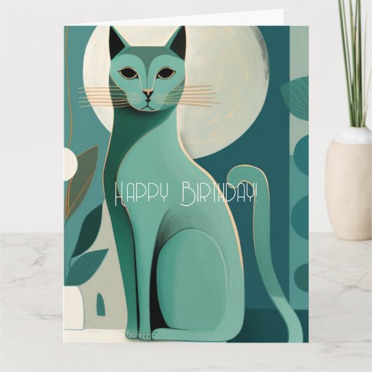 Retro Green Mid Century Cat Happy Birthday Kaart (Voorkant)