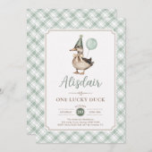 Retro Green One Lucky Duck Ballon 1e verjaardag Kaart (Voorkant / Achterkant)