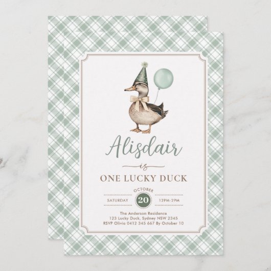 Retro Green One Lucky Duck Ballon 1e verjaardag Kaart (Voorkant / Achterkant)