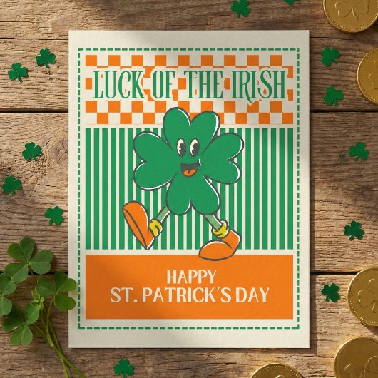 Retro Green Orange Walking Shamrock St Patrick Briefkaart