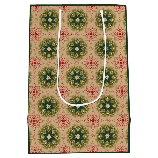 Retro Green Pine Red Lace Design Kerstmis Medium Cadeauzakje (Achterkant)