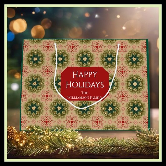 Retro Green Pine Star Red Lace Design Christmas Groot Cadeauzakje