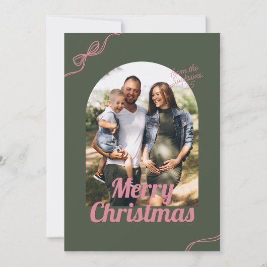 Retro Green & Pink Bow Arch Foto Kerstmis Feestdagenkaart (Voorkant)
