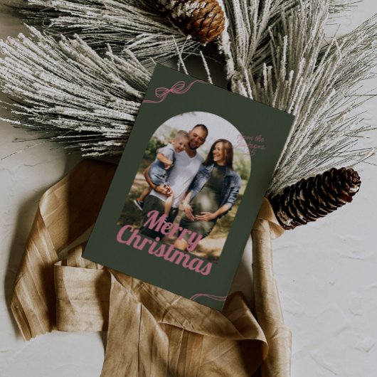 Retro Green & Pink Bow Arch Foto Kerstmis Feestdagenkaart