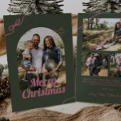 Retro Green & Pink Bow Arch Foto Kerstmis Feestdagenkaart