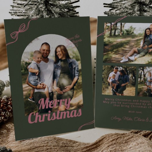 Retro Green & Pink Bow Arch Foto Kerstmis Feestdagenkaart