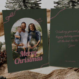 Retro Green & Pink Bow Arch Foto Kerstmis Feestdagenkaart