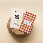 Retro Green Pink Checkered Gingham Girly QR Code Visitekaartje