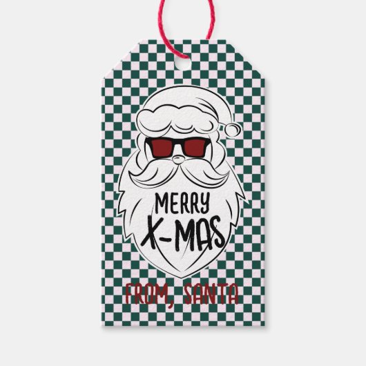 Retro Green Pink Checkered Santa Claus Christmas Cadeaulabel (Voorkant)