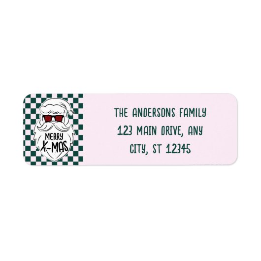 Retro Green Pink Checkered Santa Claus Christmas Etiket (Voorkant)
