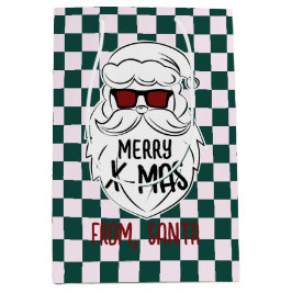 Retro Green Pink Checkered Santa Claus Christmas Medium Cadeauzakje
