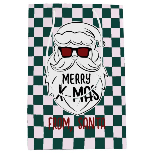 Retro Green Pink Checkered Santa Claus Christmas Medium Cadeauzakje (Voorkant)